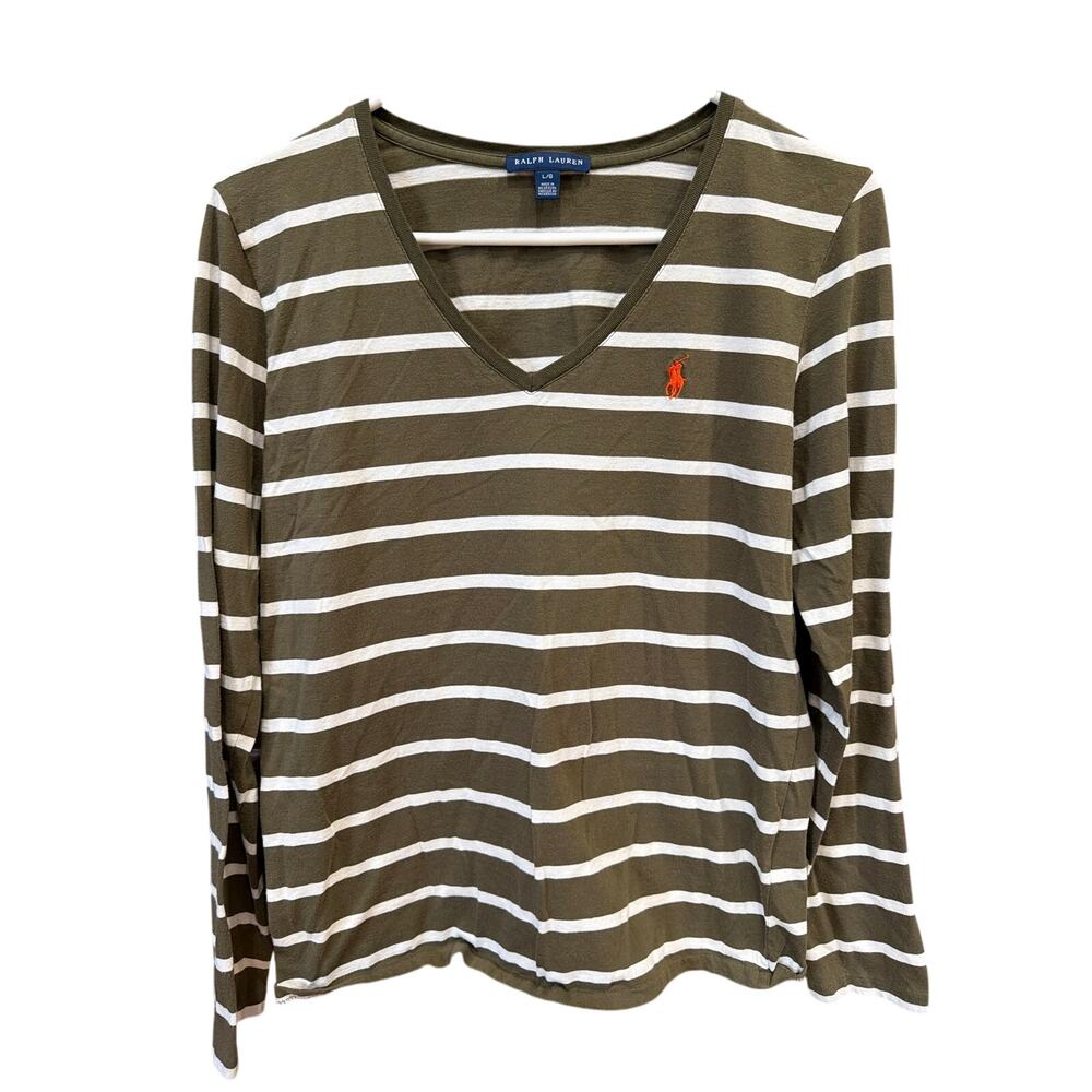 Ralph Lauren Women's L/G Olive Striped V-Neck Long Sleeve Shirt